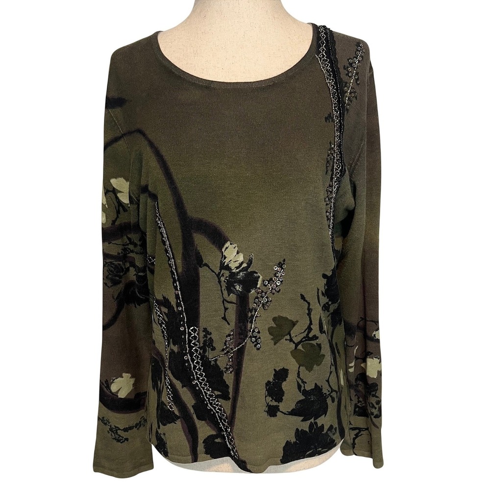 Motive Women's L Sweater Olive Green Beaded Knit Top Dark Floral Fairy Goblin